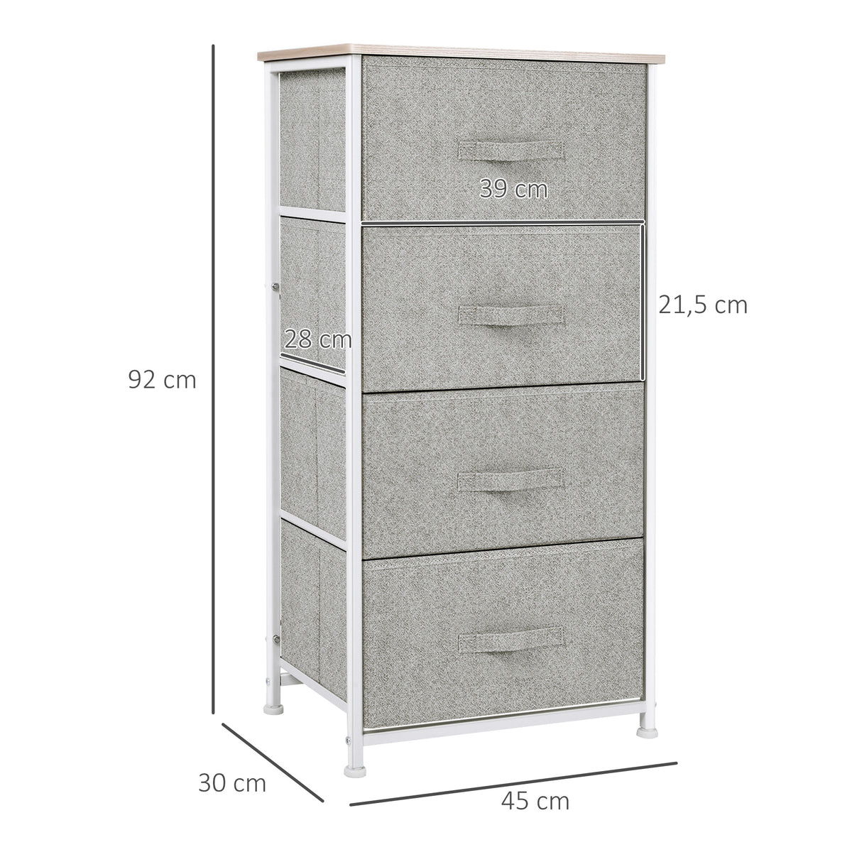 Cómoda com 4 Gavetas de Tecido Móvel de Arrumação Multifuncional para Dormitório Sala de Estar Corredor 45x30x92 cm Cinza e Branco — foto 3