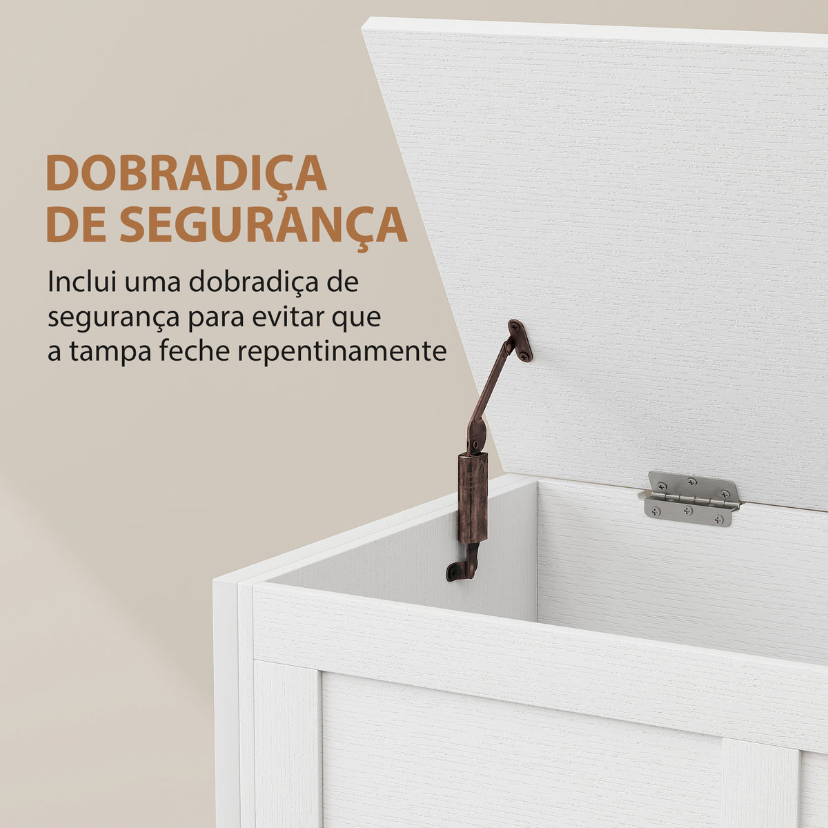Baú de Armazenamento para Dormitório 95L Baú de Arrumação com Tampa Banco de Armazenamento Versátil com Dobradiça de Segurança para Corredor Sala de Estar 80x40x50 cm Branco — foto 5