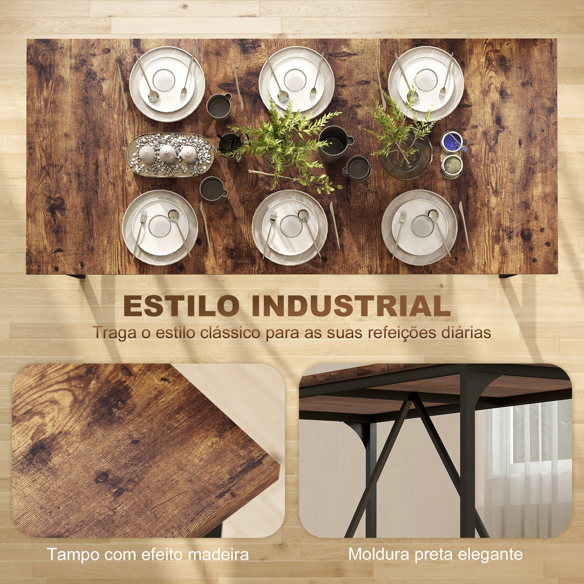 Mesa de Refeição Retangular para 6-8 Pessoas Mesa de Cozinha Industrial com Bancada Grosso e Pés de Metal 180x80x75,5 cm Castanho Rústico — foto 5