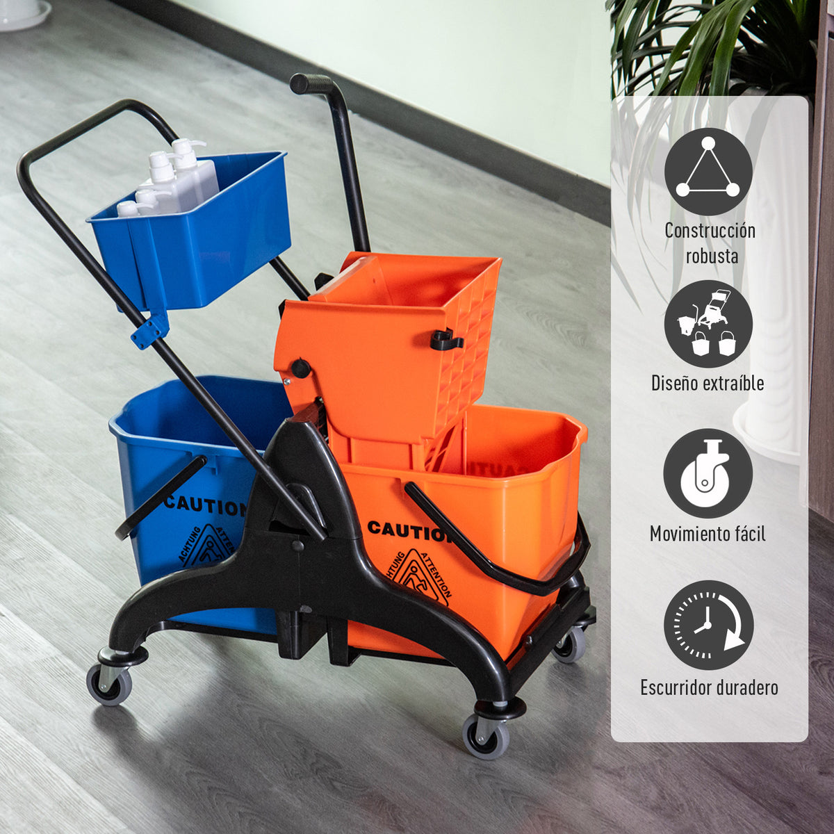 Balde para esfregona comercial Balde para esfregona com escorredor de baixa pressão 26L Capacidade com 4 rodas silenciosas Baldes separados duplos 78x45x95cm Laranja e azul — foto 7
