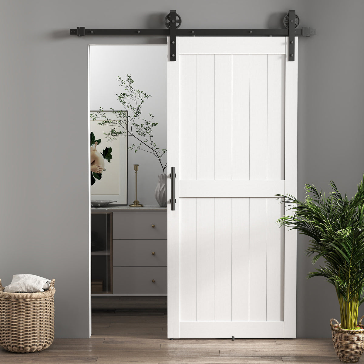 Porta de Correr Celeiro com Ferragens Porta Corredera de Interior com Puxador Rolo e Guia de Chão para Casa de Banho Sala de Estar 91,5x213,4 cm Branco — foto 1