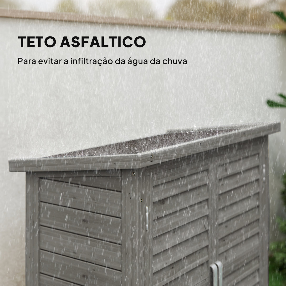 Armário de Armazenamento de Madeira para Jardim com 2 Prateleiras Interiores 2 Portas e Teto Inclinado para Exterior Terraço 87x46,5x96,5cm Cinza — foto 5
