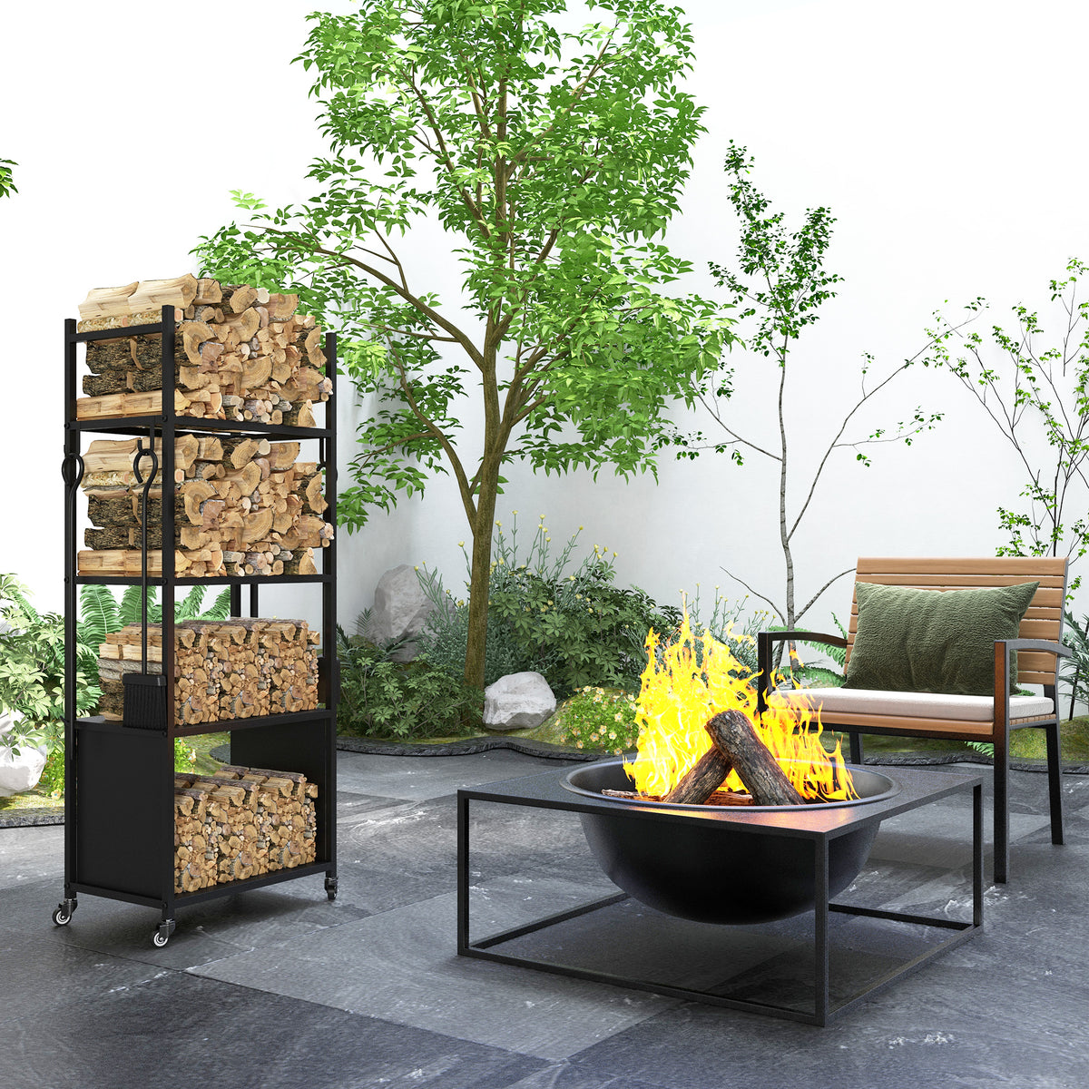 Suporte para Lenha com Rodas Suporte para Lenha de 4 Níveis Estante para Lenha com Pá Escova Atiçador e Tenaz para Interior e Exterior 45x30x118 cm Preto — foto 2