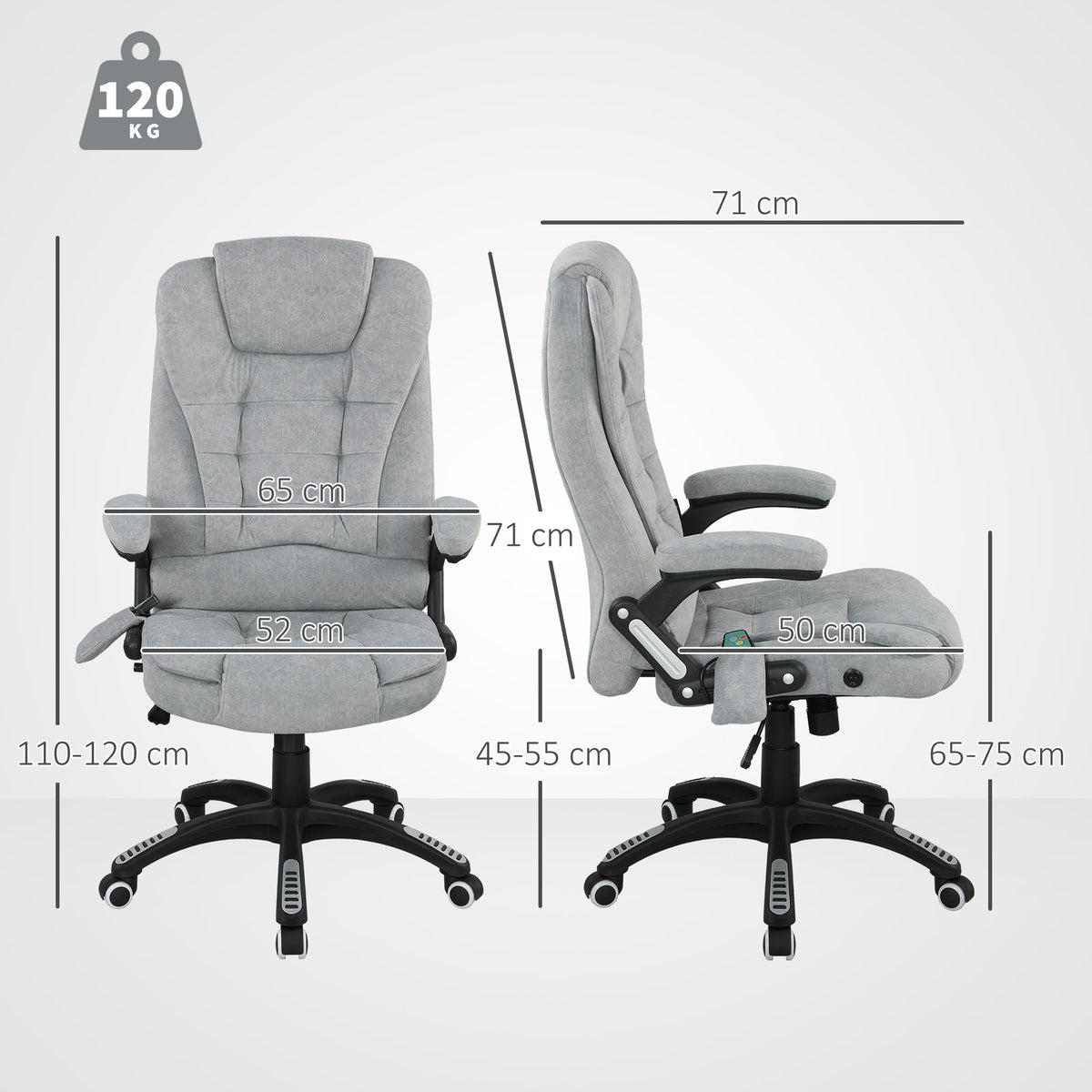 Cadeira de Massagem com 6 Pontos de Massagem Cadeira de Escritório Reclinável até 125° com Função de Aquecimento Altura Ajustável e Rodas para Estúdio 65x71x110-120 cm Cinza — foto 3