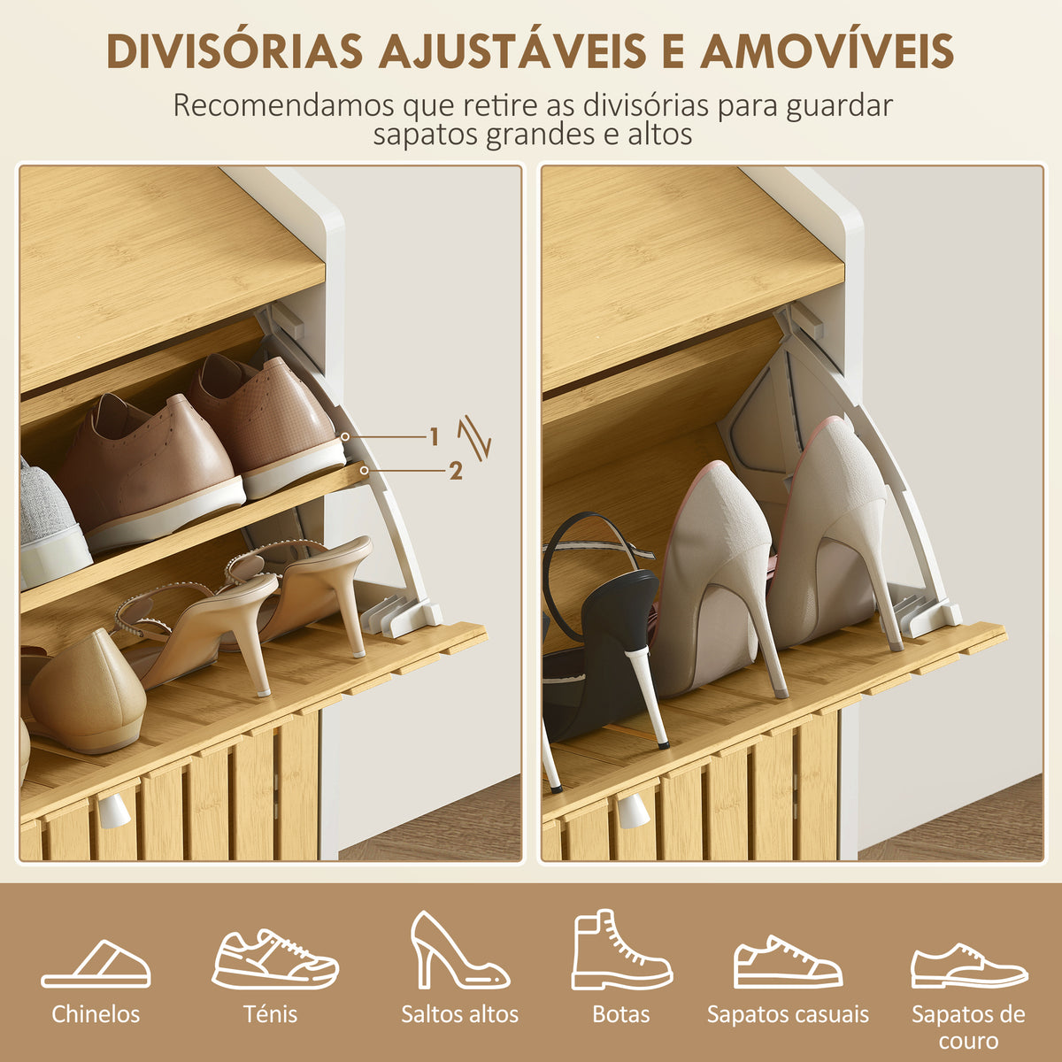 Sapateira Estreita com 2 Portas de Bambu em Ripas Móvel Sapateira com Prateleiras Ajustáveis para 12 Pares de Sapatos 60x24x82,5 cm Branco e Madeira — foto 5