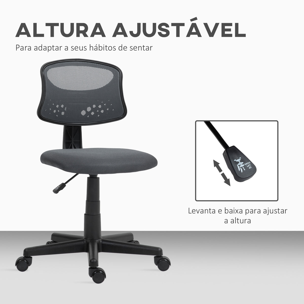 Cadeira de Escritório sem Apoio para os Braços Cadeira de Escritório Giratória com Encosto de Malha Respirável Altura Ajustável Carga 120 kg 43x48x78-88 cm Cinza — foto 5