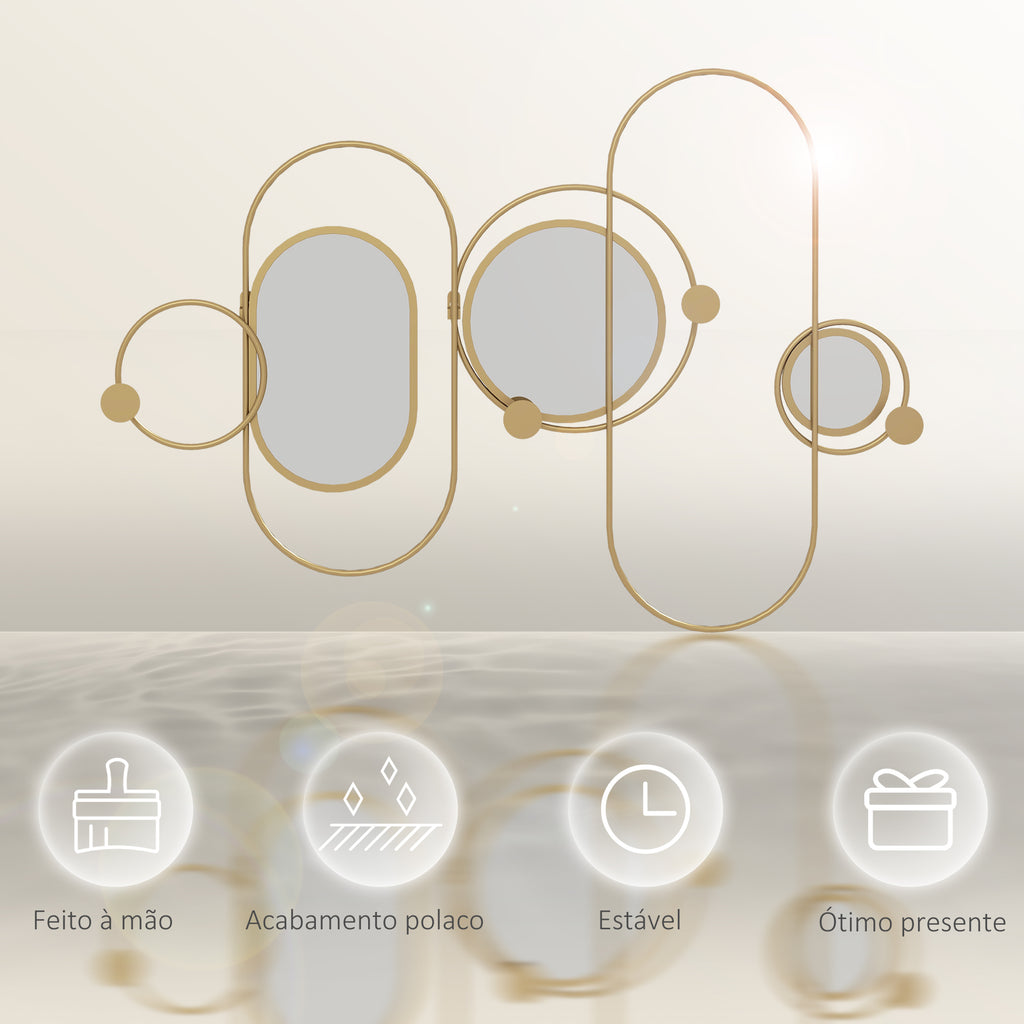 Cabide de Parede com 4 Ganchos e 3 Espelhos Decorativos para Pendurar Casacos Bolsas para Entrada Corredor 106x71 cm Dourado — foto 6