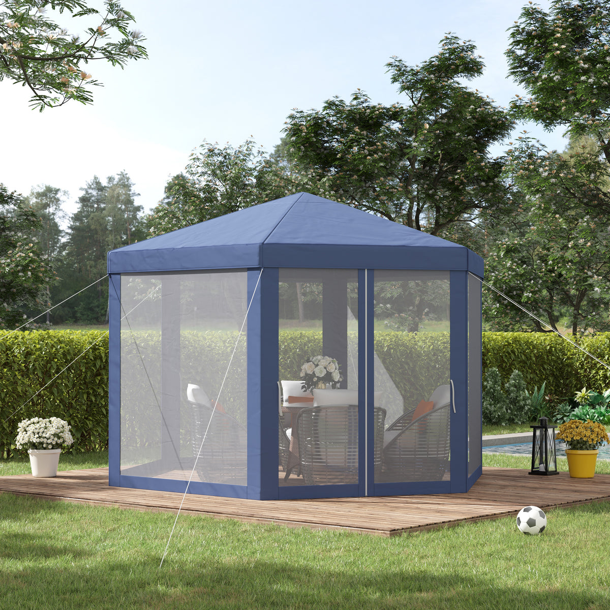 Tenda Hexagonal Tenda de Jardim com Rede Mosquiteira Portas com Zíper e Orifícios de Drenagem para Exterior Varanda 197x250 cm Azul — foto 2