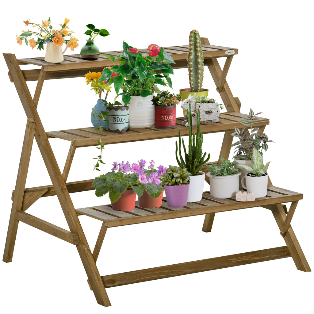 Suporte de Madeira para Plantas em Forma de Escada com 3 Prateleiras Dobrável Suporte de Vasos de Plantas para Decoração de Interiores e Exteriores 101x83x88cm Marrom — foto 1