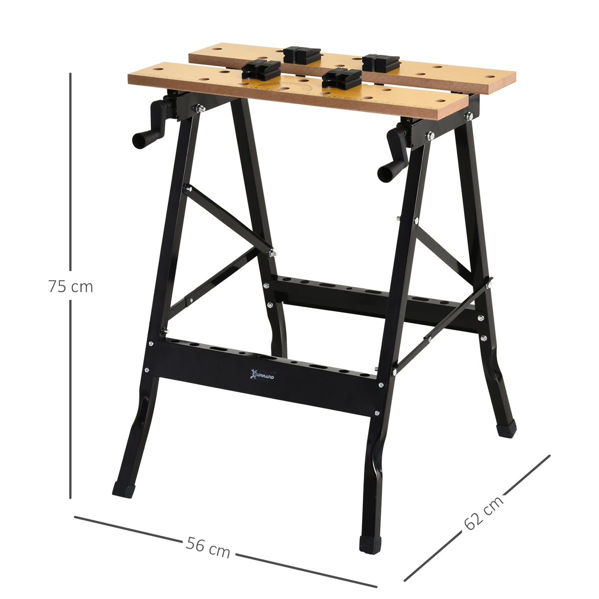Amazonas: Bancada de trabalho dobrável Mesa de trabalho portátil com 4 grampos Buracos para serra Uso doméstico Ferro para trabalhar madeira Suporte para MDF 70 kg 56x62x75 cm Natural Preto — foto 3