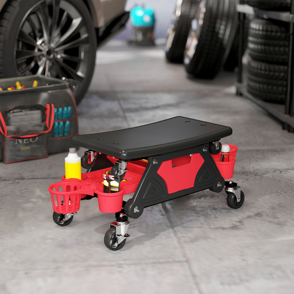 Banco de Trabalho Giratório com Rodas Altura Ajustável Banco Mecânico com 2 Bandejas para Ferramentas e Gaveta Carga 135 kg para Garagem Reparação de Automóveis 86x33x33 cm Vermelho — foto 2