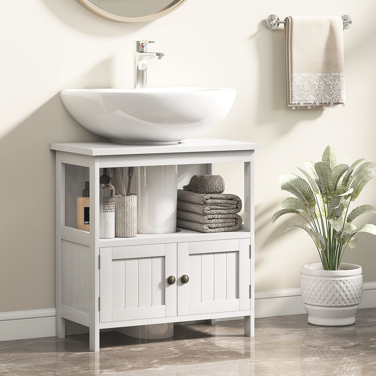 Móvel para Lavatório Pousar com Armário de 2 Portas Estante Aberto e Estante Ajustável Interior Carga 30 kg 60x30x60 cm Branco — foto 2