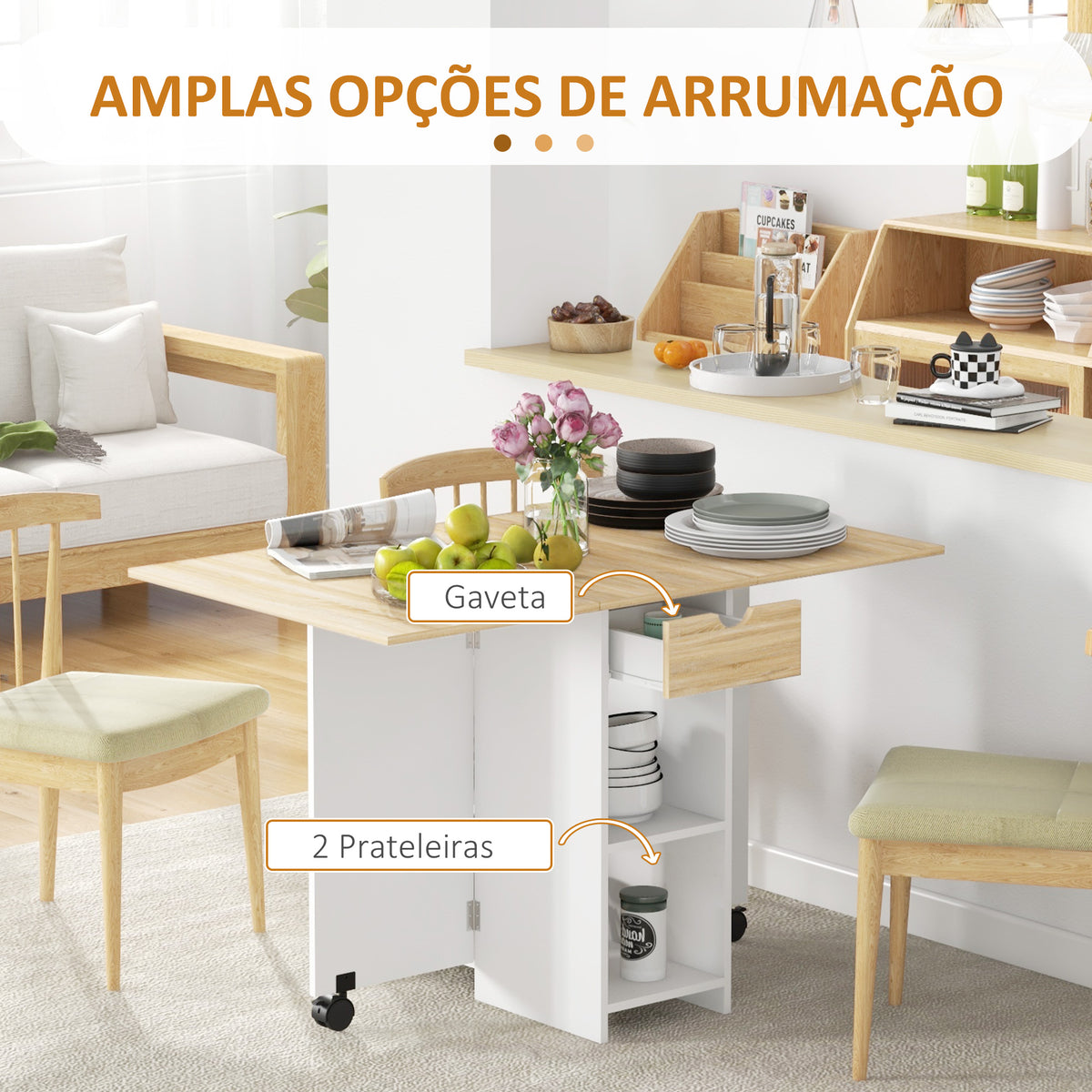 Essenza Mesa Dobrável Cozinha Sala Jantar 120x72x75 cm Madeira e Branco — foto 4