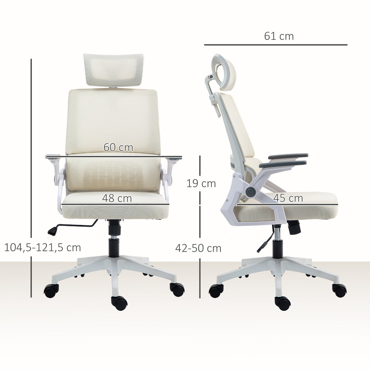 Cadeira de Escritório de Malha Cadeira de Escritório Giratória com Altura e Apoio para a Cabeça Ajustáveis e Apoio para os Braços Estilo Moderno Carga 120 kg para Estúdio 58x61x102-119 cm Bege — foto 3