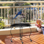 Gaiola com suporte e rodas Freios Bandeja Removível 2 alimentadores Prateleira inferior de metal para papagaios periquitos canários 51x51x135 cm preto — foto 2