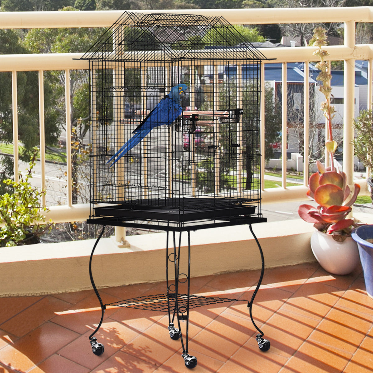 Gaiola com suporte e rodas Freios Bandeja Removível 2 alimentadores Prateleira inferior de metal para papagaios periquitos canários 51x51x135 cm preto — foto 2