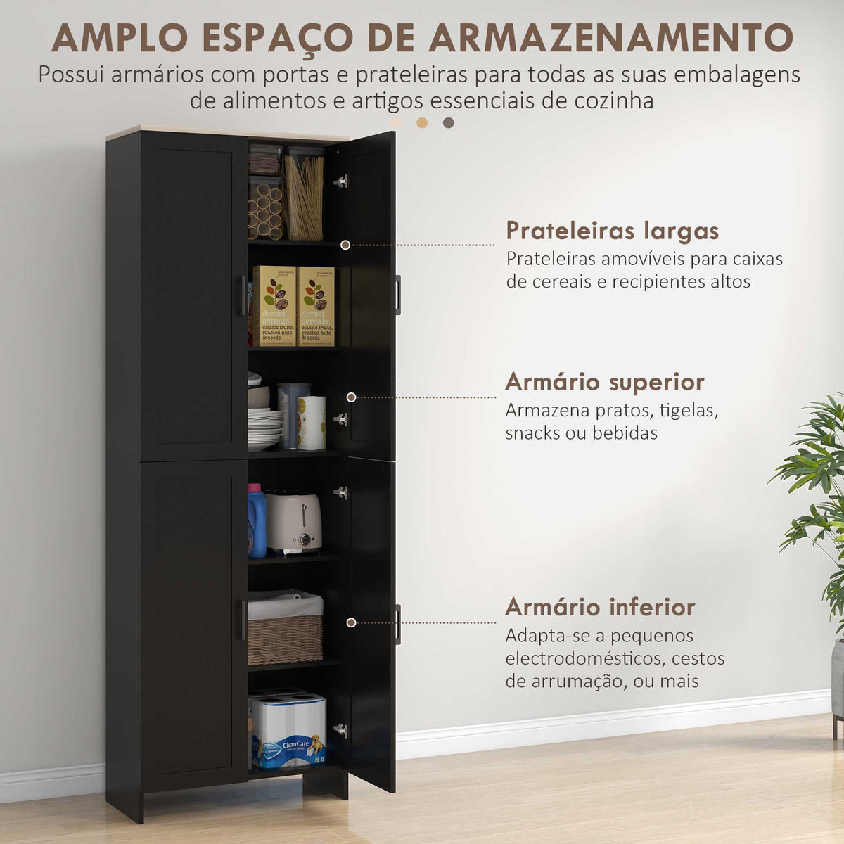 Armário de Cozinha Armário de Armazenamento Cozinha com 4 Portas e Prateleiras Ajustáveis Anti-Tombo 60x30x170,5 cm Preto — foto 4