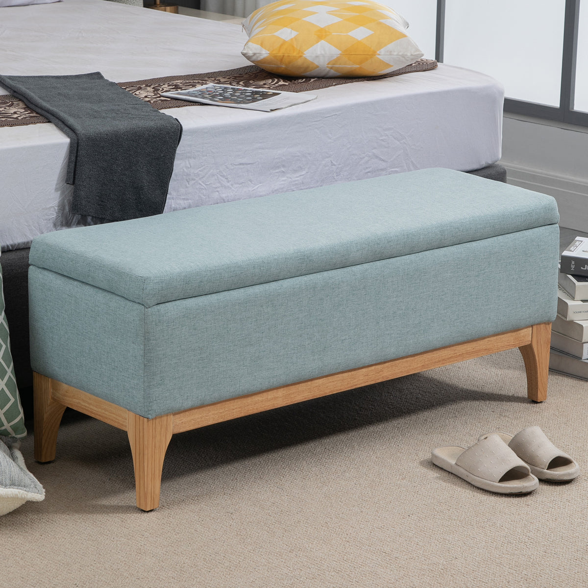 Banco Pé de Cama com Arrumação 72L Banco com Armazenamento Estofado em Linho com Pés de Madeira e Almofadas Ajustáveis para Entrada Sala de Estar 110x39x45 cm Cinzento Azulado — foto 2