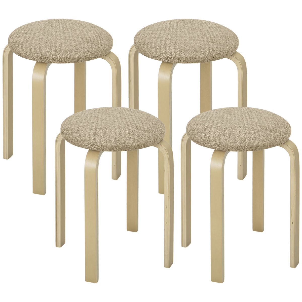 Conjunto de 4 Bancos Empilháveis Redondos Bancos Baixos de Cozinha com Assento Acolchoado para Sala de Jantar Quarto Escritório Sala Caqui e Madeira — foto 1