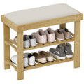 Banco Sapateira de Bambu Sapateira com Assento Almofadado 2 Prateleiras para 6 Pares de Sapatos para Entrada Dormitório 60x29x49 cm Madeira e Creme — foto 1