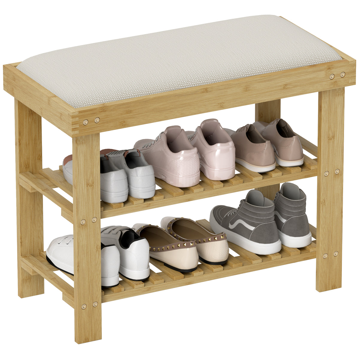 Banco Sapateira de Bambu Sapateira com Assento Almofadado 2 Prateleiras para 6 Pares de Sapatos para Entrada Dormitório 60x29x49 cm Madeira e Creme — foto 1