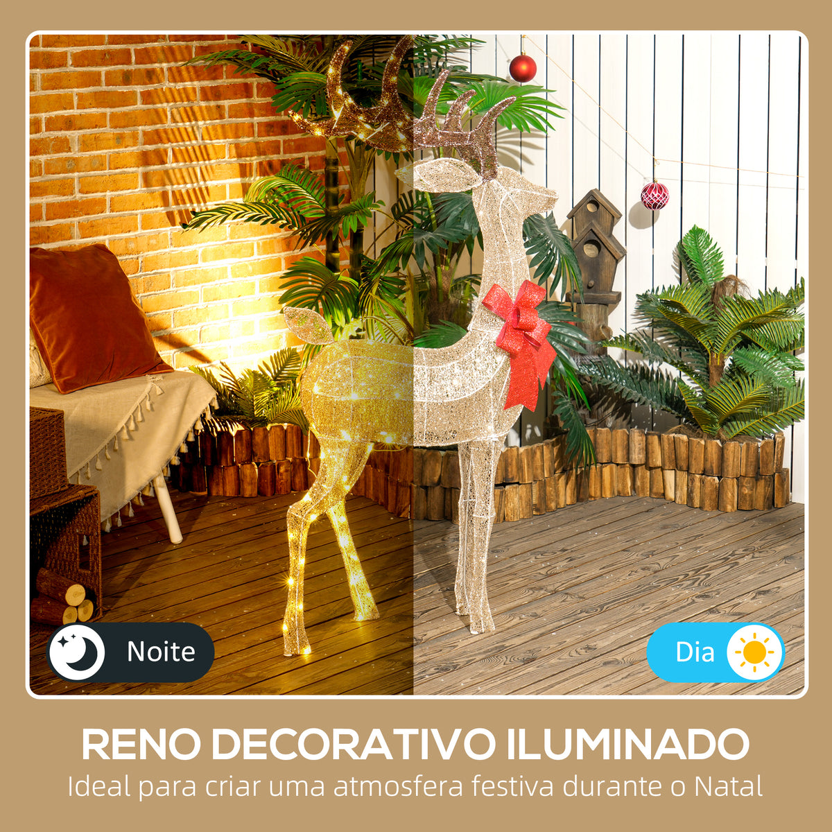 Reno Luminoso de Natal Decoração de Natal com 137 LEDs Branco Quente Iluminação Natalícia para Interior Exterior e Jardim 66x25x135 cm Dourado — foto 4