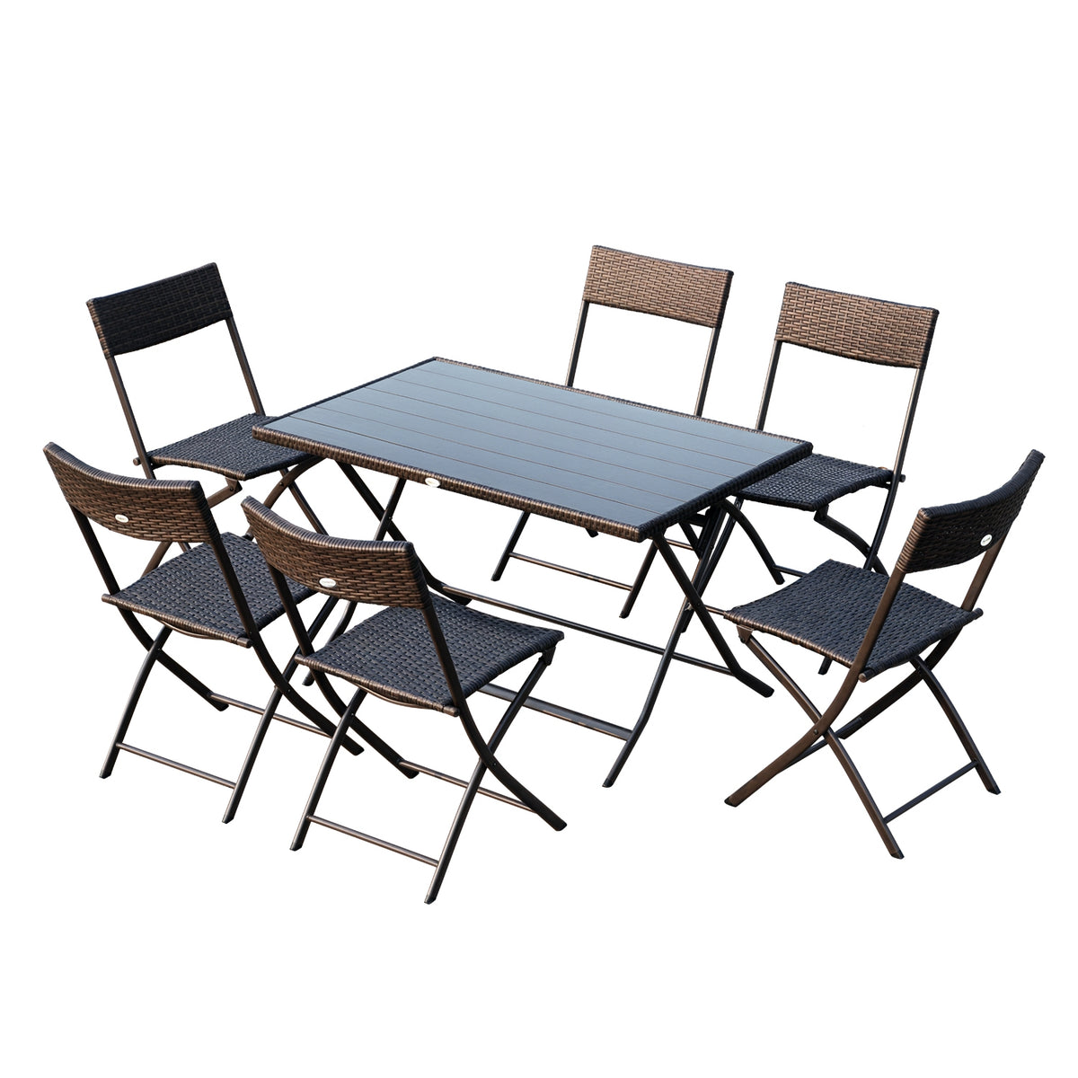 Conjunto de Refeição de Vime Conjunto de Refeição 7 Peças com Mesa e 6 Cadeiras Dobráveis para Jardim Exterior Pátio Varanda Marrom — foto 1