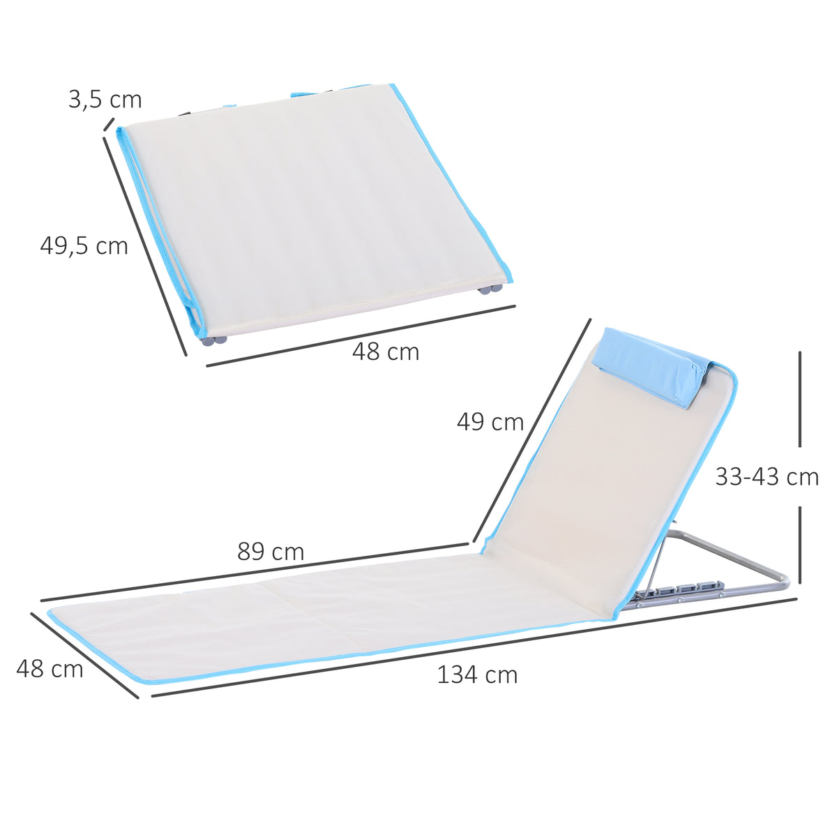 Conjunto de 2 Esteiras de Praia com Encosto Reclinável em 5 Níveis Bolsa de Transporte e Apoio de Cabeça 48x134x33-43 cm Branco Creme — foto 3