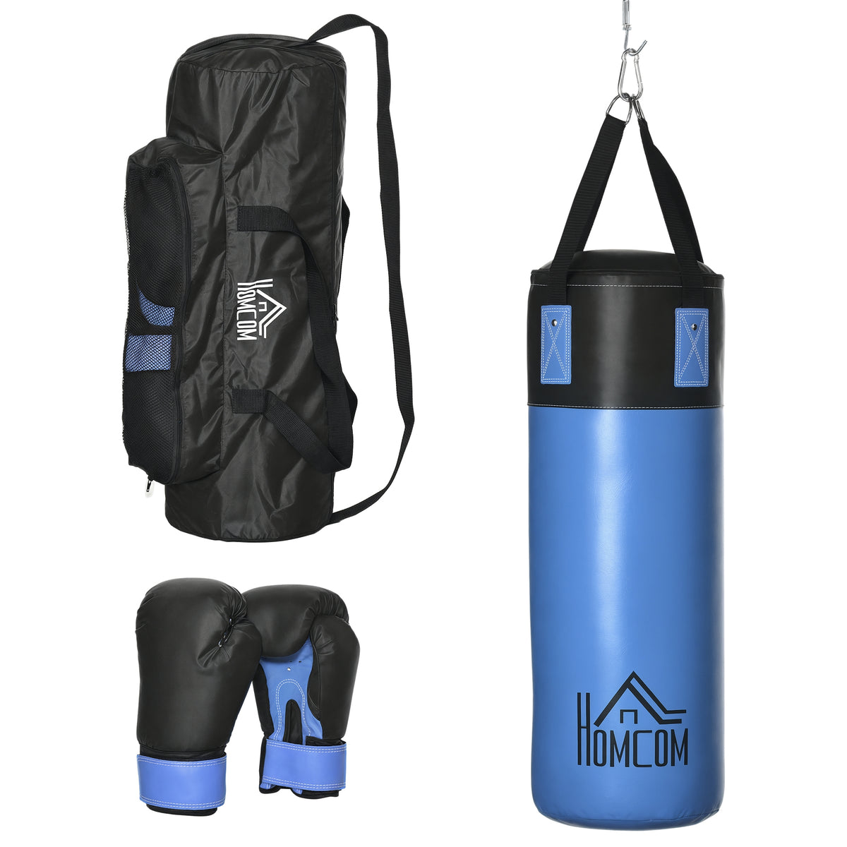 Saco de Boxe Profissional Puching Bag com Luvas de 8 oz Gancho e Bolsa de Armazenamento Saco de Areia de Treinamento para Adultos e Adolescentes Ø25x102 cm Azul — foto 1
