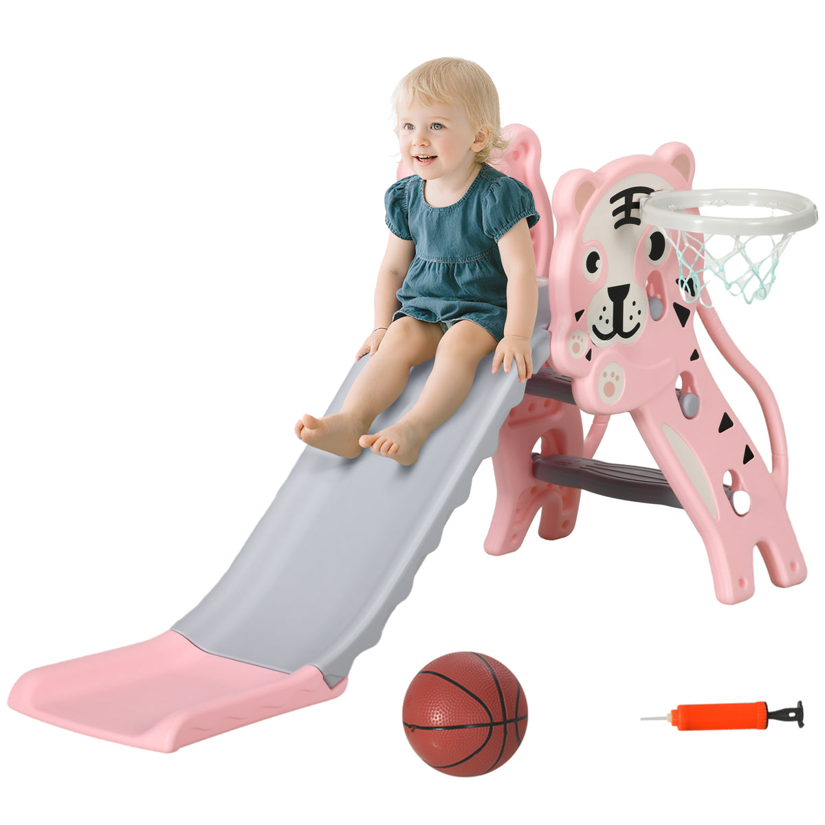 Escorrega para Crianças 2 em 1 Escorrega para Crianças de 18 a 36 Meses com 2 Degraus Cesta de Basquetebol e Desenho de Tigre para Interior 133x60x70 cm Rosa e Cinza — foto 1