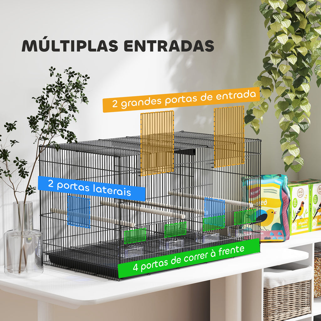 Gaiola para Pássaros com Divisória Gaiola para Aves com 4 Comedouros 4 Poleiros e Bandeja Amovível Gaiola para Canários Periquitos 76x46x46 cm Preto — foto 6