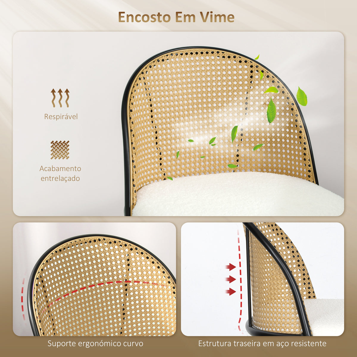 Conjunto de 2 Bancos de Bar Bancos Altos de Cozinha com Encosto de Vime Assento Estofado em Borrego Estrutura de Aço e Apoio para Pés 48x54x102 cm Creme — foto 4