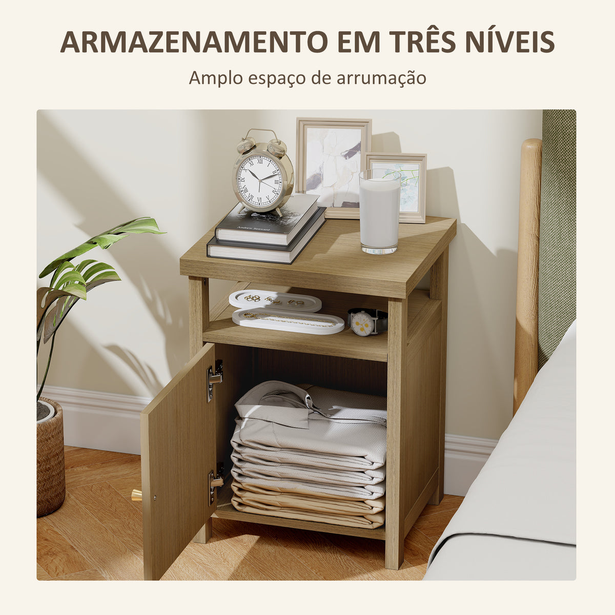 Mesa de Cabeceira com Porta de Vime Mesa de Cabeceira com Prateleira Aberta e Compartimento Móvel Auxiliar para Quarto Sala 40x35x55 cm Madeira — foto 5