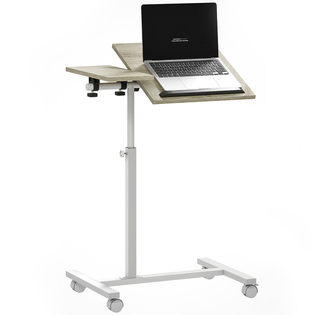 Mesa Auxiliar com Rodas Mesa para Sofá com Altura Ajustável Superfície Inclinável e Estrutura de Metal para Quarto Sala de Estar Escritório 57x40x67,5-101 cm Carvalho e Branco — foto 1