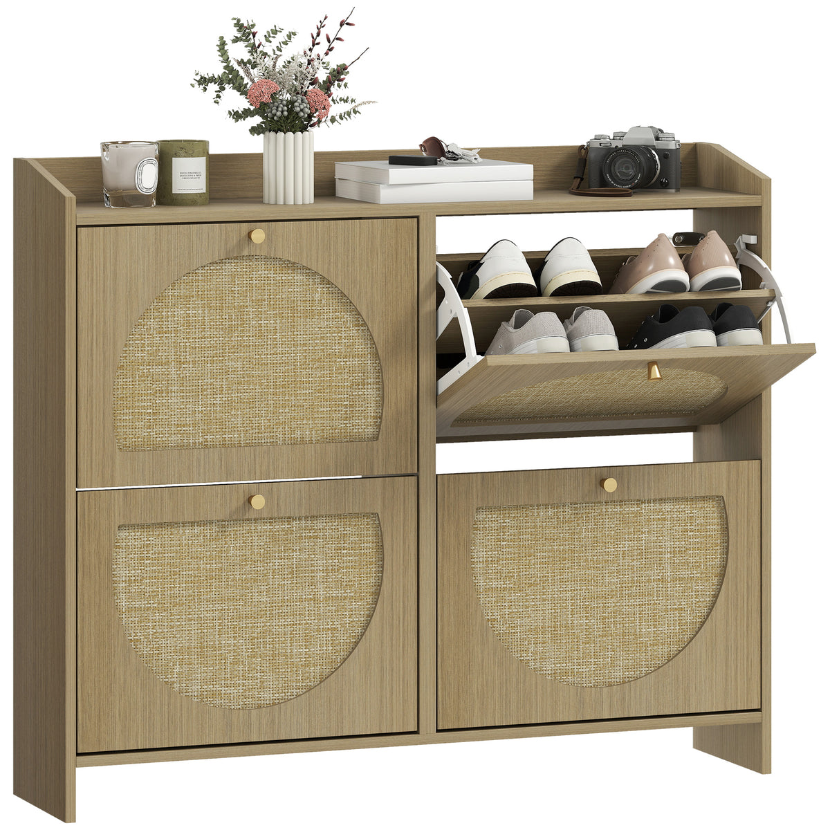 Sapateira Estreita com 4 Portas de Vime Sapateira para Entrada com Prateleiras Ajustáveis para 16 Pares de Sapatos para Espaços Reduzidos 104,5x24x88 cm Madeira — foto 1