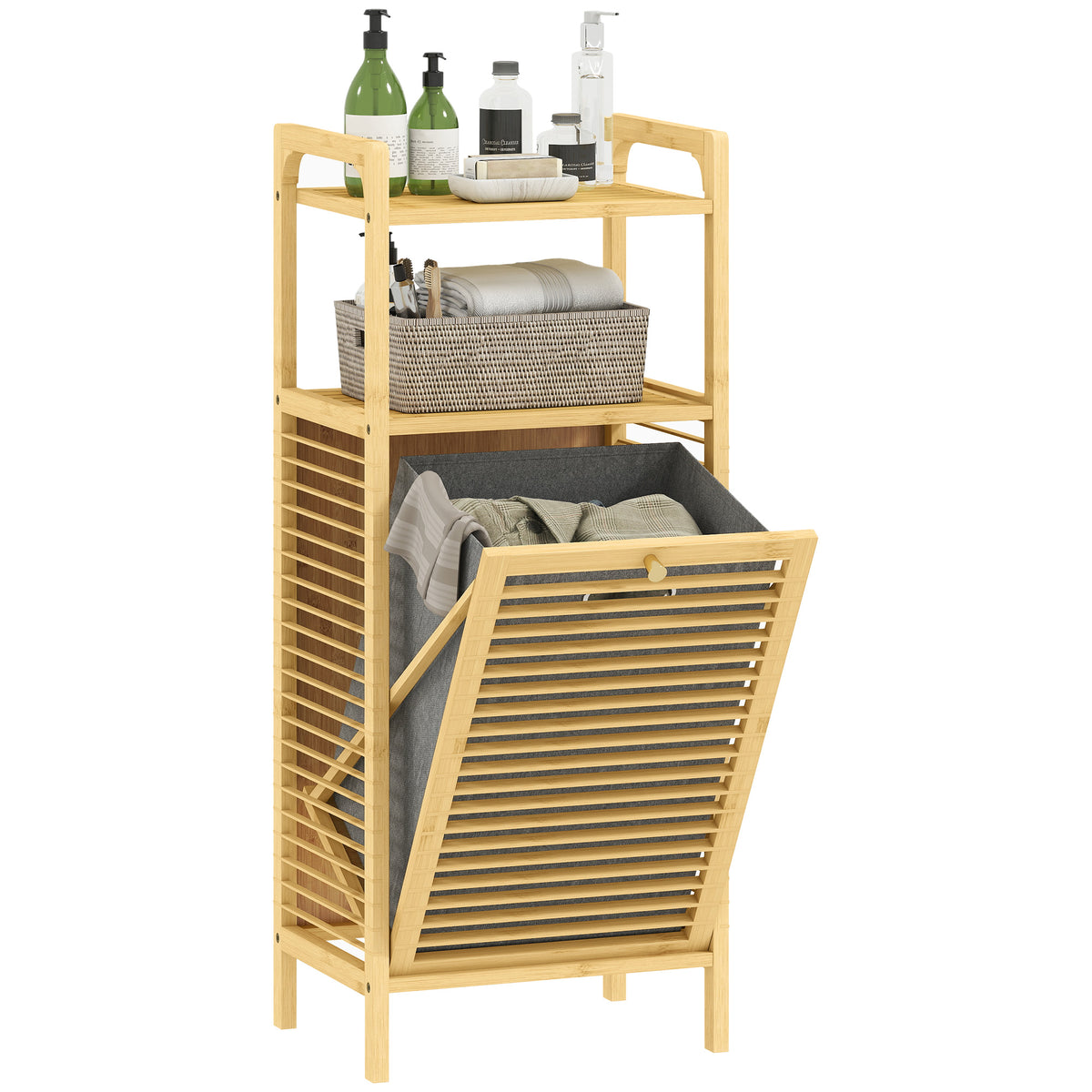 Armário para Roupa de Bambu Móvel Auxiliar para Casa de Banho 40x30x95 cm com 2 Prateleiras Abertas Cesto Amovível Pega e Desenho com Ripas para Espaços Pequenos Madeira — foto 1