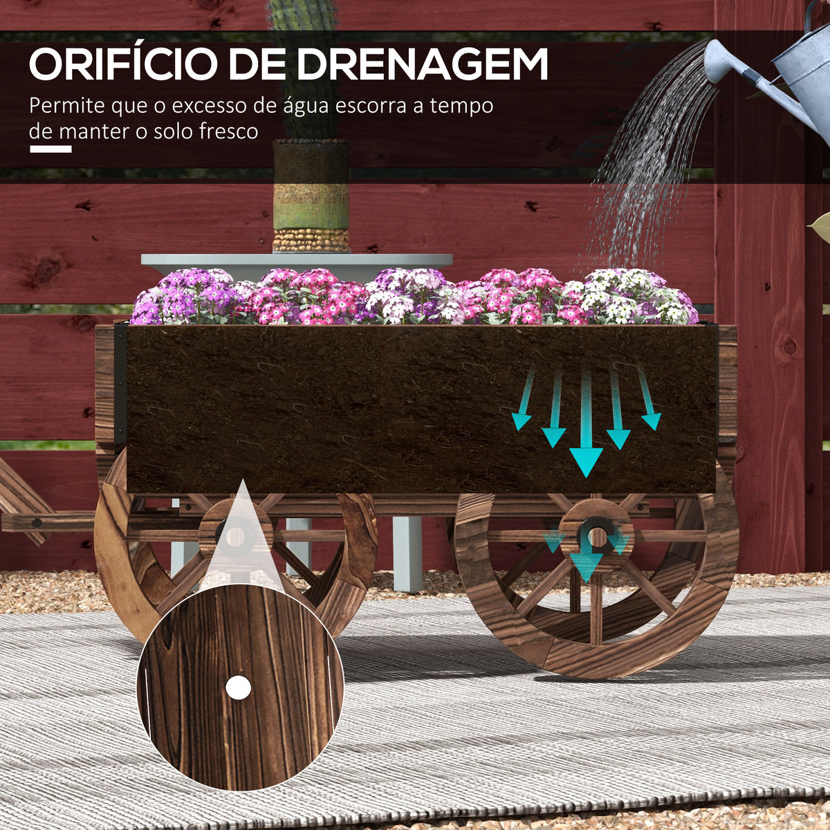 Floreira de Madeira Floreira de Exterior em Forma de Carrinho com 4 Rodas e Asa para Varanda Jardim Pátio 120x41x54 cm Madeira — foto 5