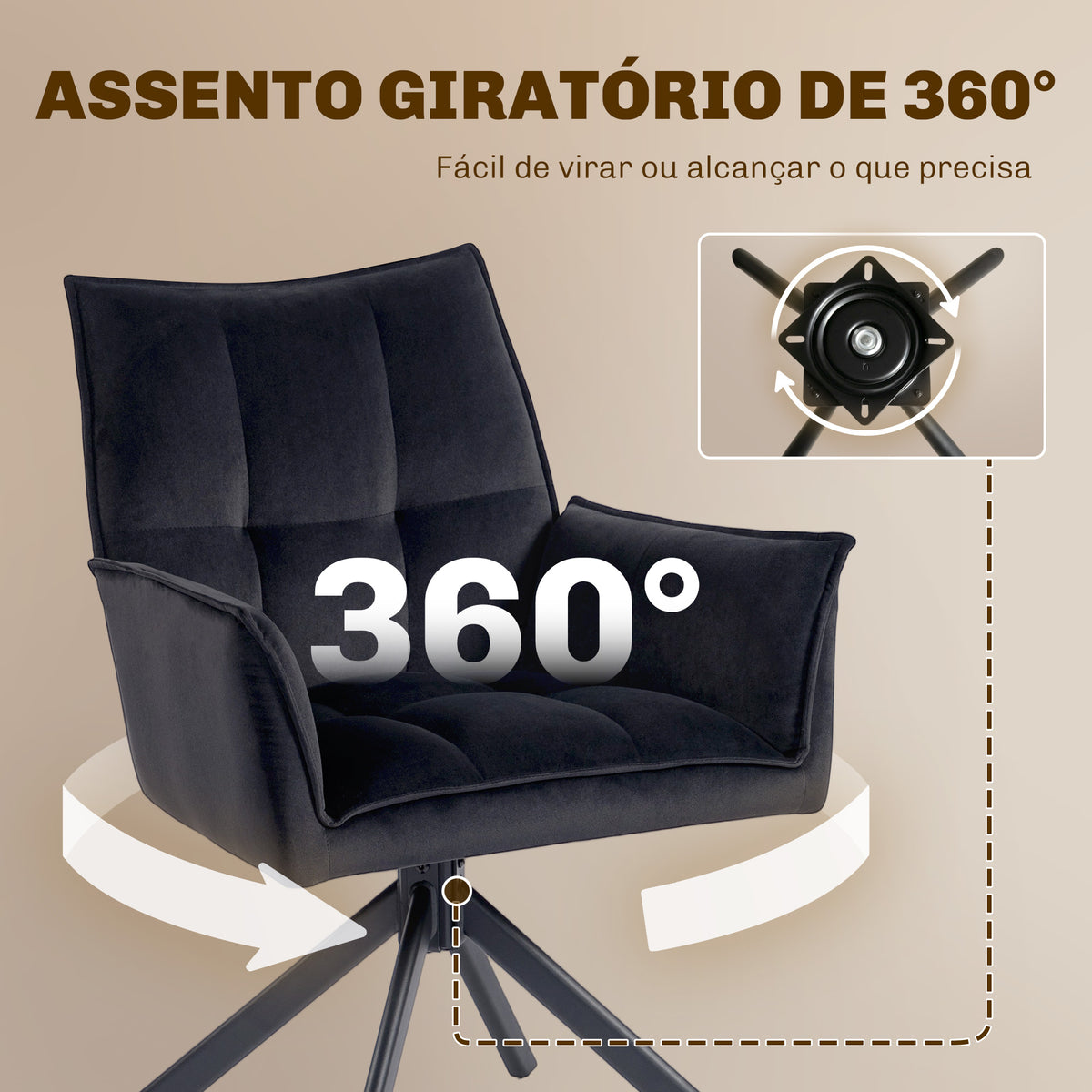 Conjunto de 2 Cadeiras de Refeição Giratórias 360° Cadeiras de Cozinha com Apoio de Braços Encosto Estofado Estofamento em Veludo Pés em Aço para Escritório Conferência Sala de Estar 63x64x85 cm Preto — foto 5