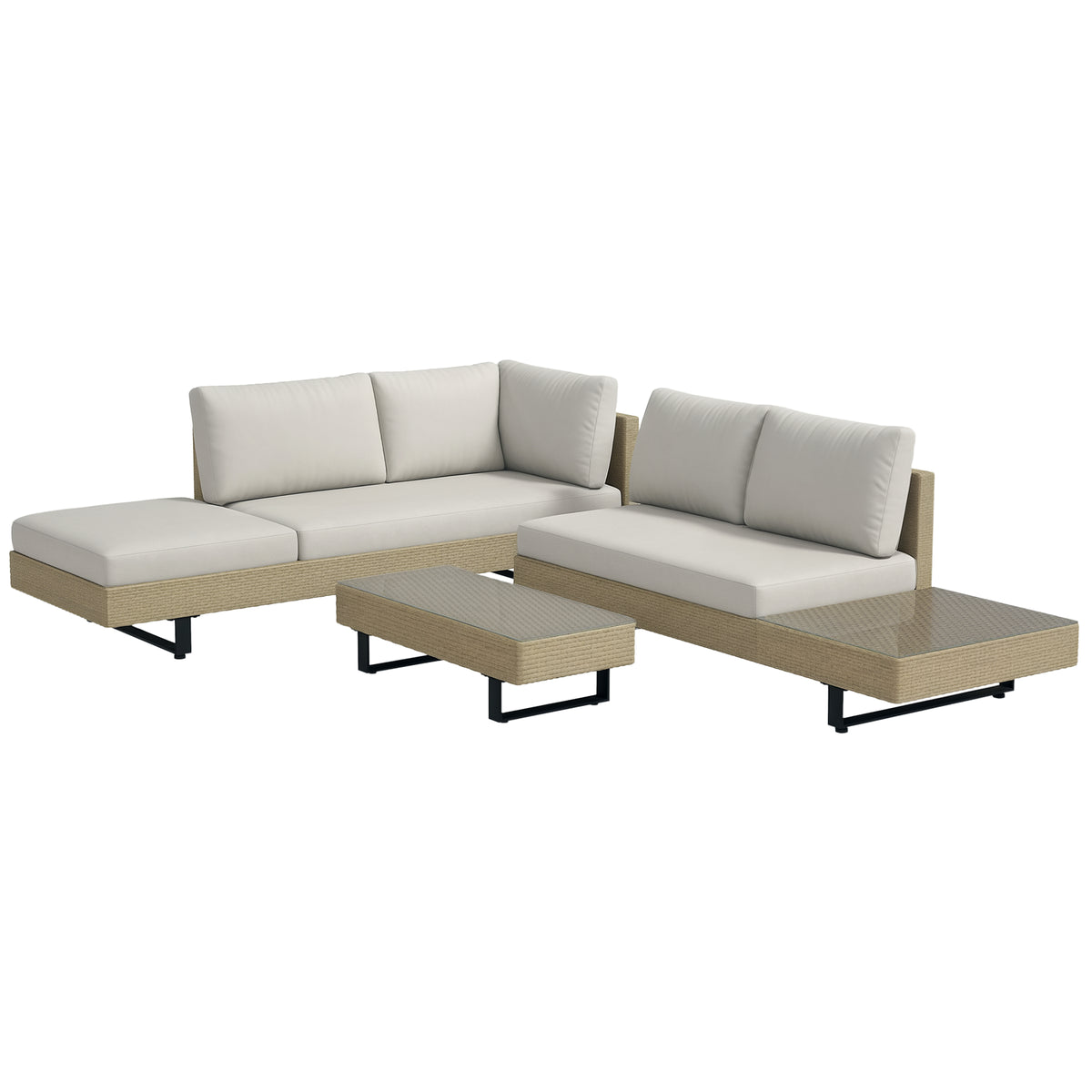 Conjunto de Móveis de Vime 3 Peças Mesa de Centro Sofá Duplo e Sofá de 3 Lugares com Almofadas Removíveis para Terraço Jardim Pátio Bege — foto 1