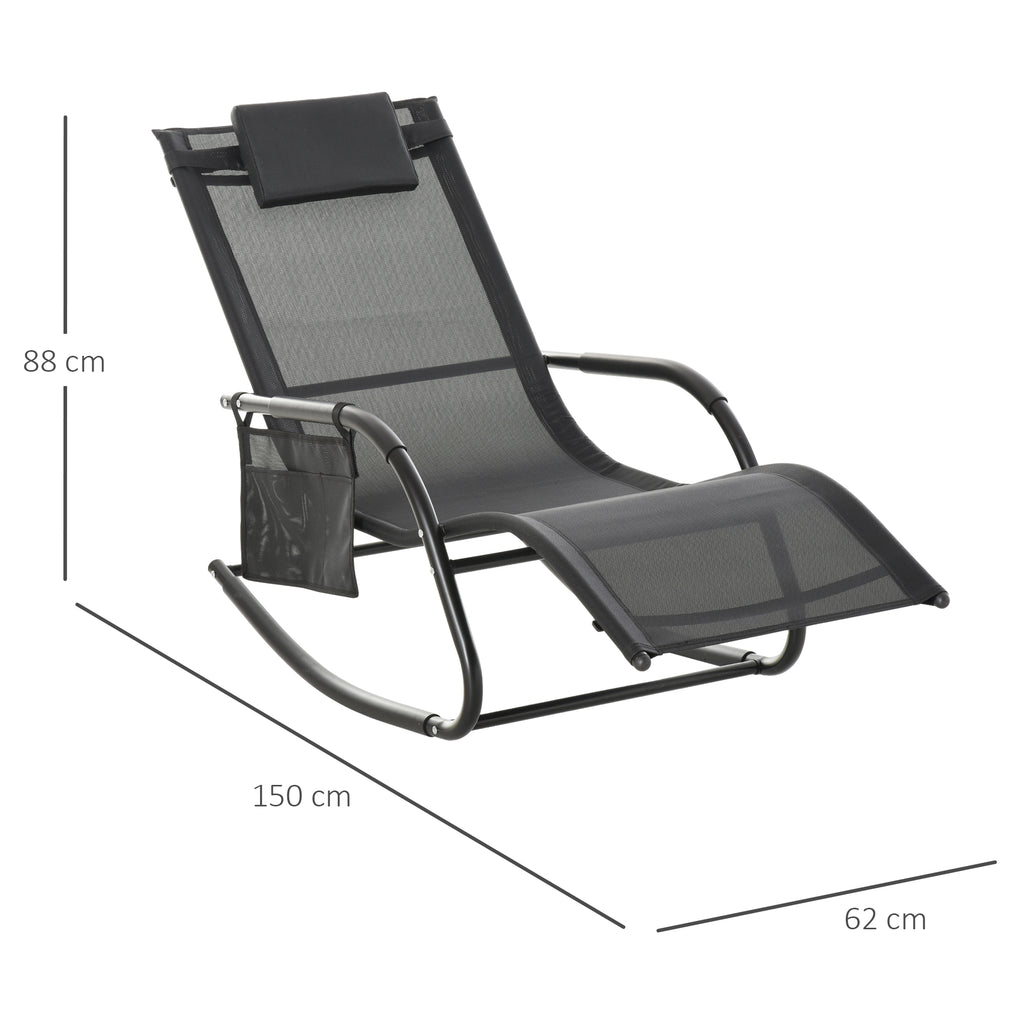 Espreguiçadeira Baloiço de Exterior com Braços Apoio de Cabeça Acolchoado e Bolso Lateral Carga 120 kg para Jardim Terraço Pátio 150x62x88 cm Preto — foto 3