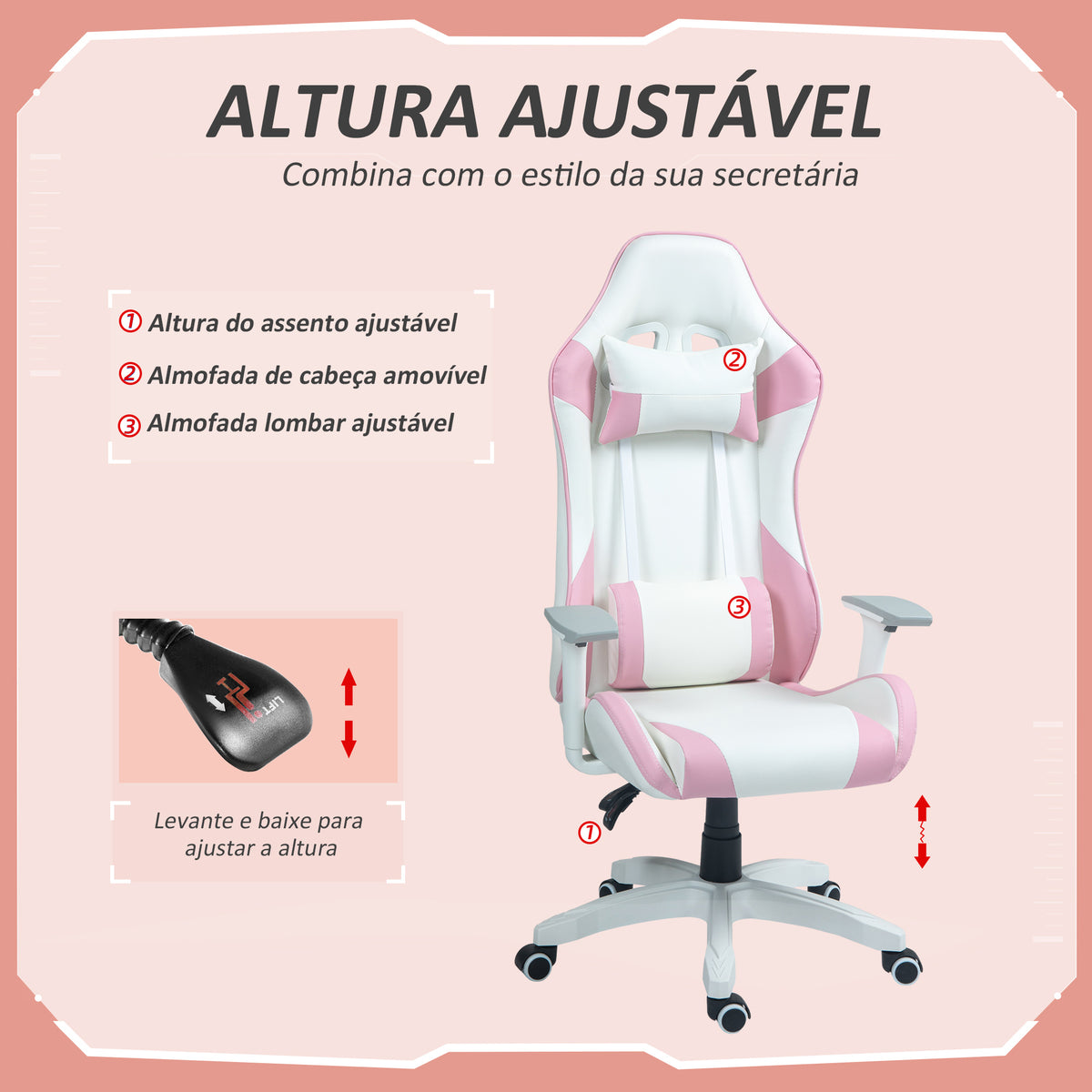Cadeira Gaming Reclinável Cadeira Gamer Giratória com Almofada Lombar Apoios de Braços Ajustáveis Apoio de Cabeça Basculante e Altura Ajustável para Escritório 67x60x120-128 cm Branco e Rosa — foto 4