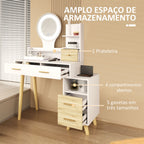 Toucador com Espelho e Luzes LED Ajustáveis Mesa de Maquilhagem Moderna com 5 Gavetas 4 Compartimentos e 1 Prateleira 100x44x137 cm Branco e Madeira — foto 5