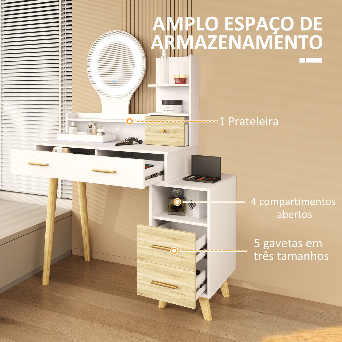Toucador com Espelho e Luzes LED Ajustáveis Mesa de Maquilhagem Moderna com 5 Gavetas 4 Compartimentos e 1 Prateleira 100x44x137 cm Branco e Madeira — foto 5