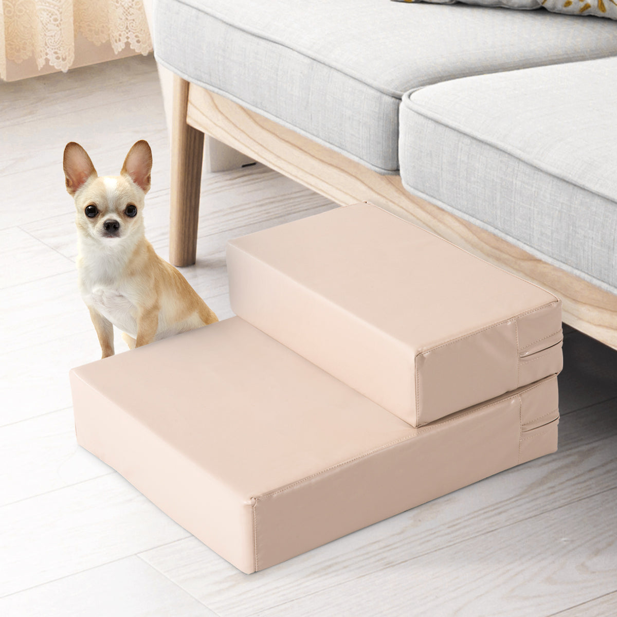 Escada para Animais de Estimação de 2 Degraus 2 em 1 Cama para Cães Gatos Estofada em PU Removível e Lavável com Zíper 45x39x20cm Bege — foto 2