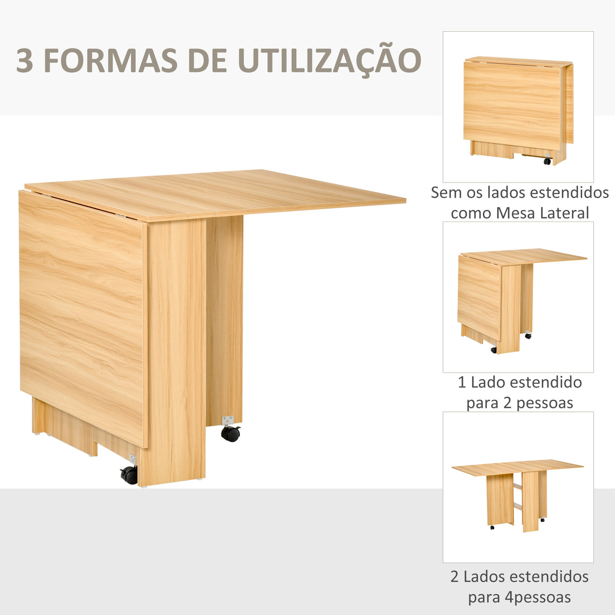 Mesa de Sala de Jantar Dobrável com Rodas Mesa Multifuncional para Sala de Jantar com 3 Formas 140x80x74cm Madeira — foto 4