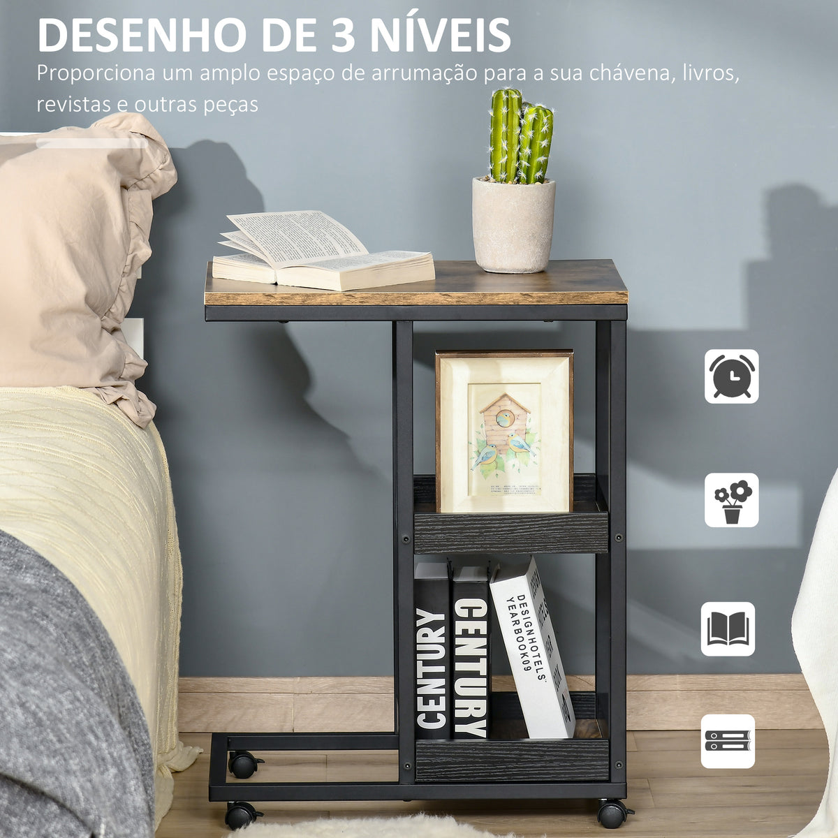 Mesa Auxiliar Industrial Mesa Auxiliar em Forma de C com Rodas Prateleiras Abertas e Estrutura de Aço para Sala de Estar Dormitório 51x33x66 cm Marrom Escuro e Preto — foto 5