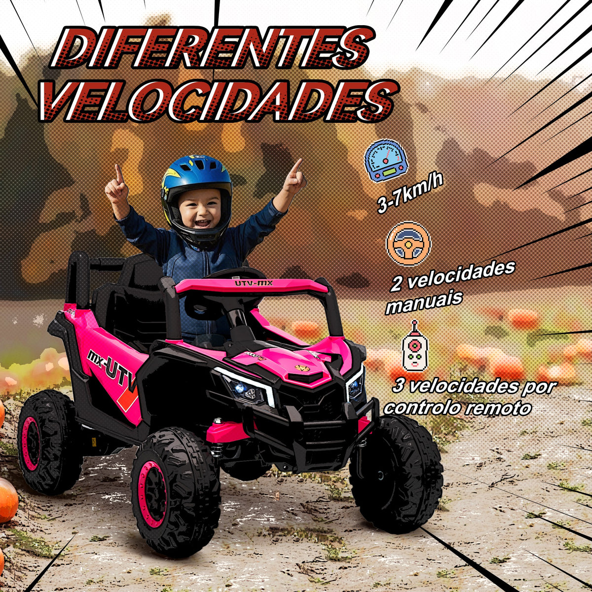 Carro Elétrico para Crianças 12V UTV com 2 Motores Controlo Remoto 2,4G Velocidade até 7 km/h Sistema de Suspensão Faróis USB para Crianças acima de 3 Anos 96x61x56 cm Rosa — foto 5