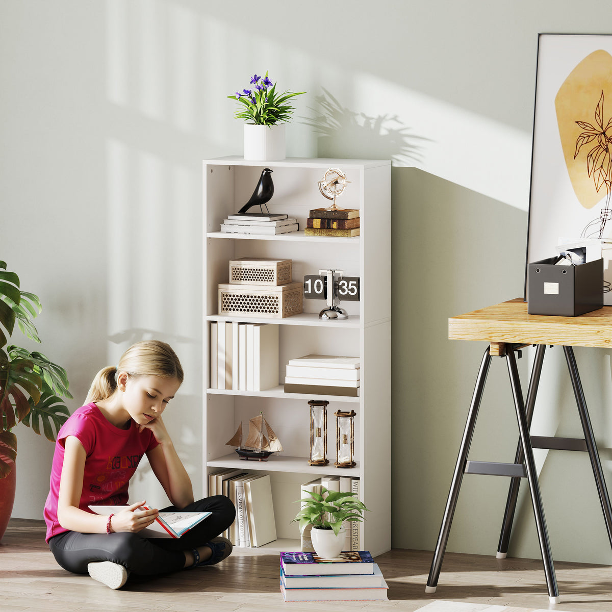 Estante de 5 Níveis Estante para Livros com 2 Prateleiras Ajustáveis para Sala de Estar Escritório Quarto 60x24x133,5 cm Branco — foto 2