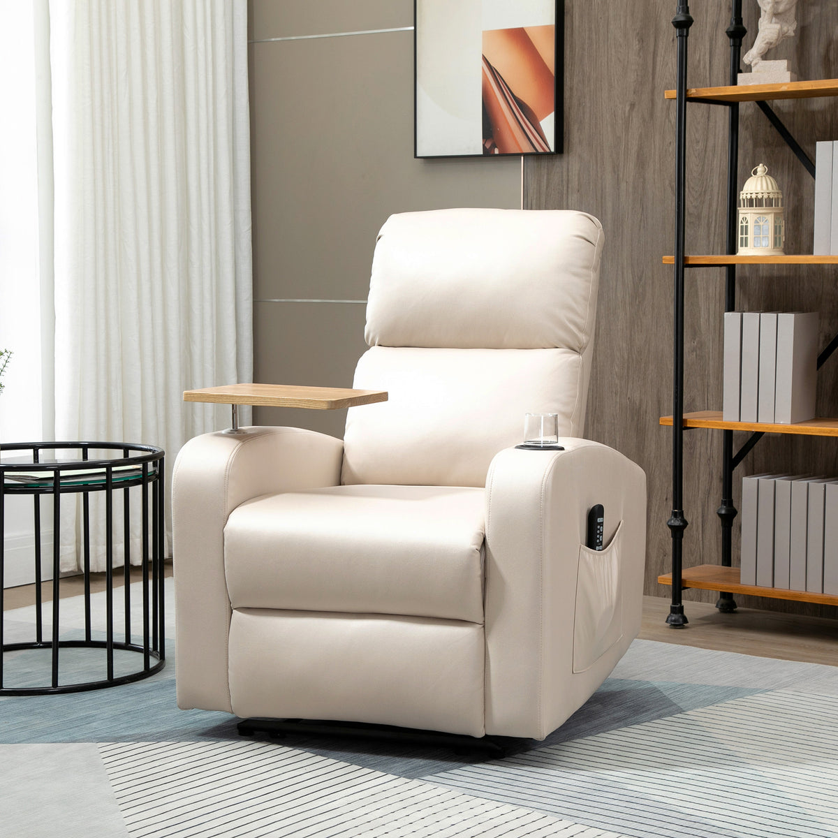 Poltrona de Massagem Poltrona Relax Elétrica com 4 Modos de Vibração Reclinação 145° Estofada em Microfibra Controlo Remoto Mesa 2 Bolsos Laterais e Suporte para Copos 77x93x105cm Bege — foto 2