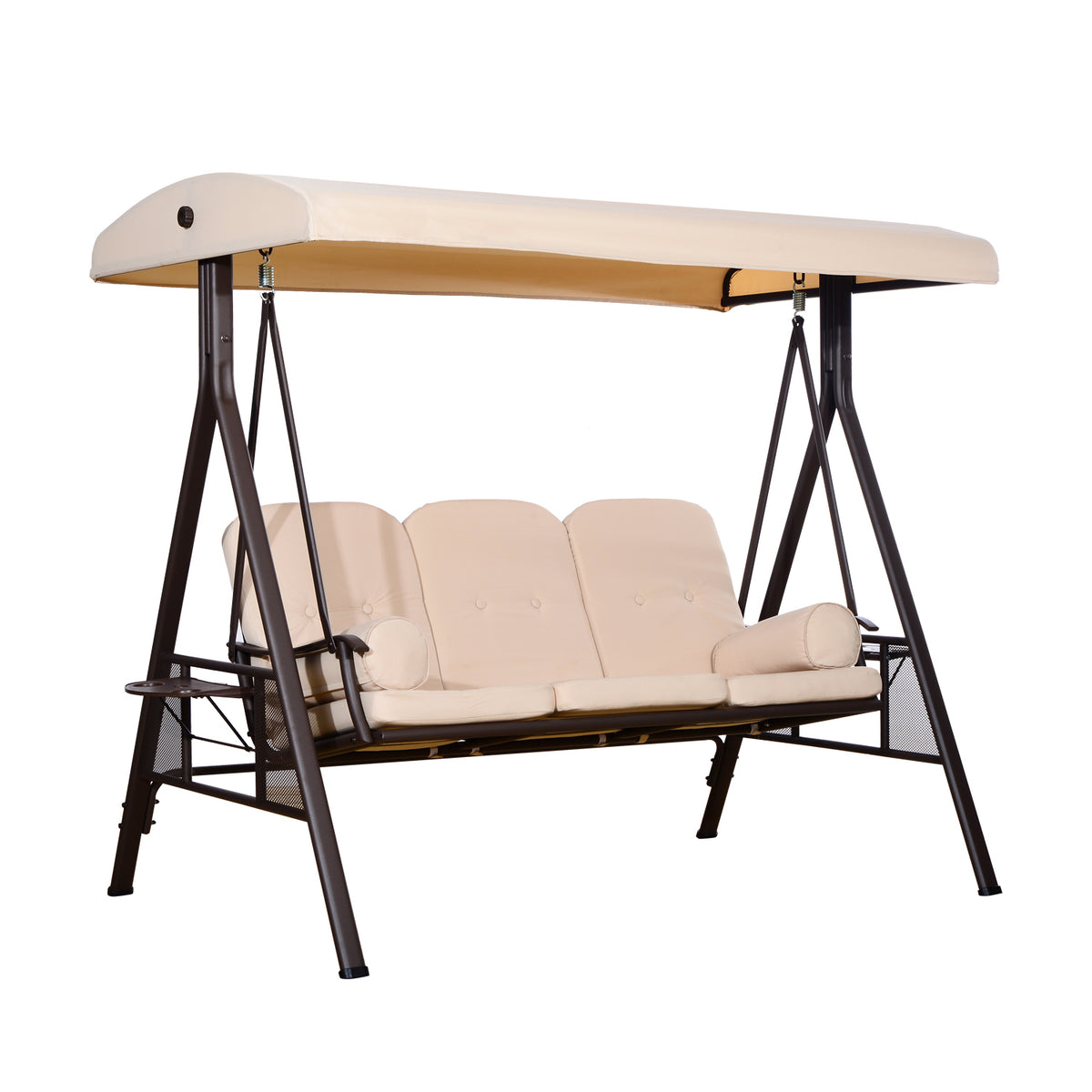 Banco Baloiço de Jardim de 3 Lugares com Teto 2 Almofadas Suporte para Bebidas e Estrutura de Metal para Terraço Balcão Exterior Carga Máxima 360kg 207x120,5x174cm Bege — foto 1